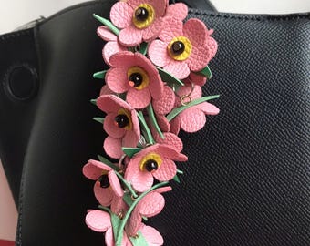 Leather Forget Me Not Flower keychain, Flower Bag Charm, Anniversary Gift for Her