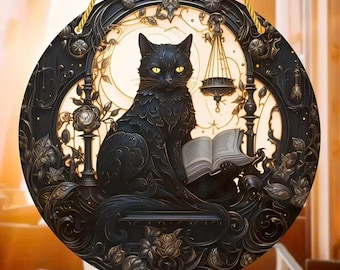 Cute Black Cat and Book Stained Glass Suncatcher - Magical Window Hanging, Unique Gift for Book Lovers, Cat Lovers, and Librarians