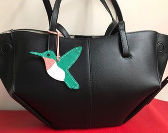 Hummingbird Leather Bag Charm, Handmade Animal Lover Gift, Mother's Day Purse Accessory, Cute Bird Keychain for Mom or Sister