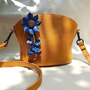 Sunflower Handcrafted Genuine Leather Bag Charm, Floral Soft Leather Keychain, Cute Tote Handbag Accessories, Unique Gift For Her
