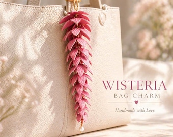 Leather Purple Wisteria Flower, Purple Blue Floral Bag Charm, Handbag Accessory, Car Mirror Gift