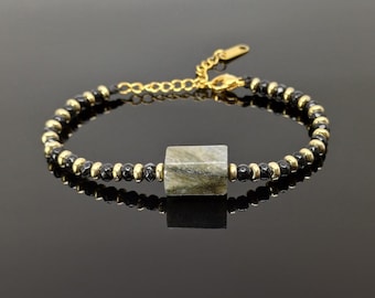 Handmade Labradorite Bracelet: Onyx & Gold Hematite, Gemstone Protection
