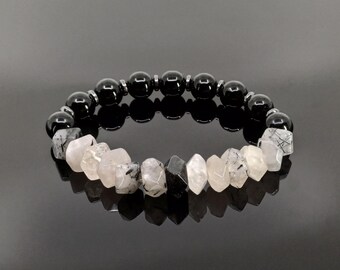Handmade Rutilated Quartz & Onyx Bracelet: Hematite Gemstone Jewelry