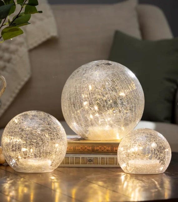 Hand-Blown Glass LED Night Light | Micro LED Warm Glow | Automatic Timer | Battery-Powered Decorative Light