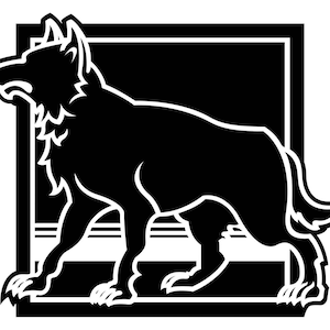 Op de afbeelding: Zwart-witte silhouet van een wolf in een vierkant kader.