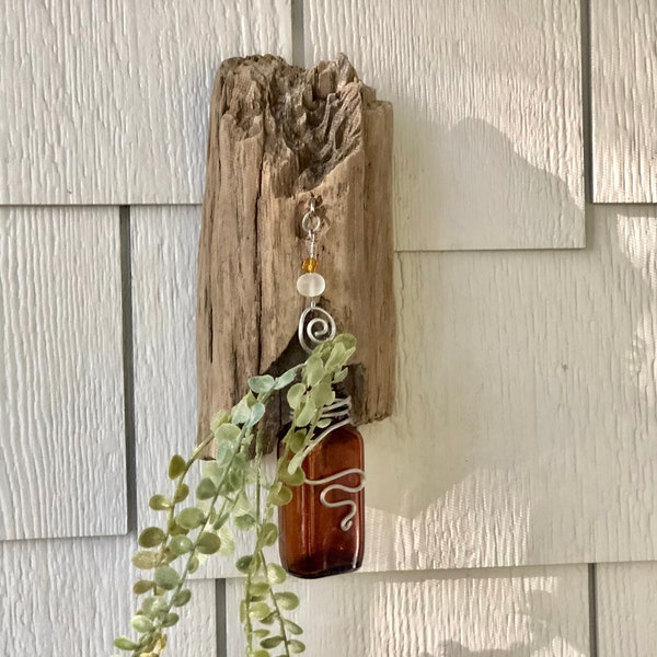 Hanging Flower Sconce made with a Vintage Bottle and Driftwood, Modern Farmhouse decor measures 11 by 5 by 3.5 inches