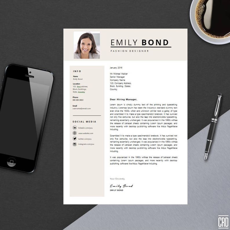 Resume Template with Instant Download Modern & Minimal CV Template Cover Letter DIY Microsoft Word Design Emily Bond image 3