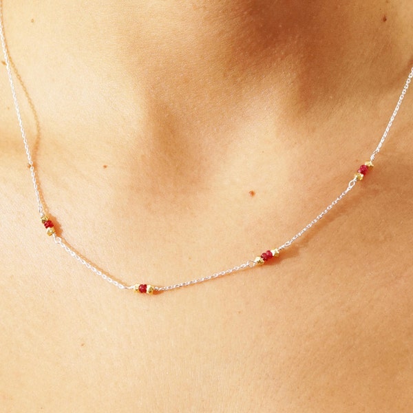 Ruby Necklace Sterling Silver choker Beaded Necklace Genuine Red Ruby Delicate Necklace Ruby Dainty Necklace • Chain Necklace