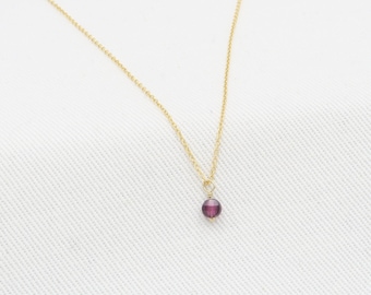 Garnet GOLD pendant Necklace Yellow Gold 14K • 4mm round gemstone • Tiny Garnet round pendant Garnet Necklace • Genuine Garnet round & plate