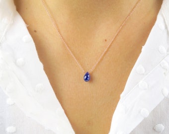 Genuine Rose gold Sapphire pendant• September birthstone• Gold sapphire necklace 7*5 mm teardrop• Dainty necklace with pendant