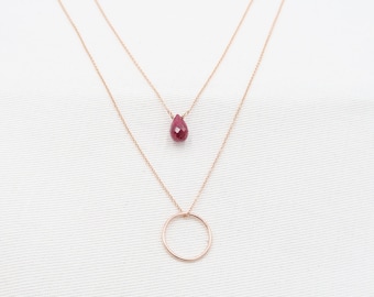 Ruby Necklace with circle necklace• ROSE Gold  14K• Ruby teardrop 7*5 mm necklace with circle pendant  Layered necklace (separable set of 2)