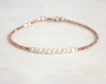 Rose Gold Pearl Bracelet: Tiny Beaded Chain, Genuine Pearls, Handmade Parisian Jewelry