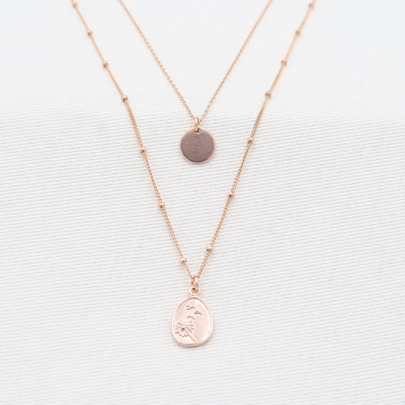 Double Floral Necklace and Dandelion wildflower pendant satellite chain flower disc pendant in Rose Gold 14K Birth Flower disc pendant image 2