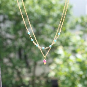 Dainty Gold Layered Necklace: Ruby, Turquoise Gemstones, Handmade in Paris