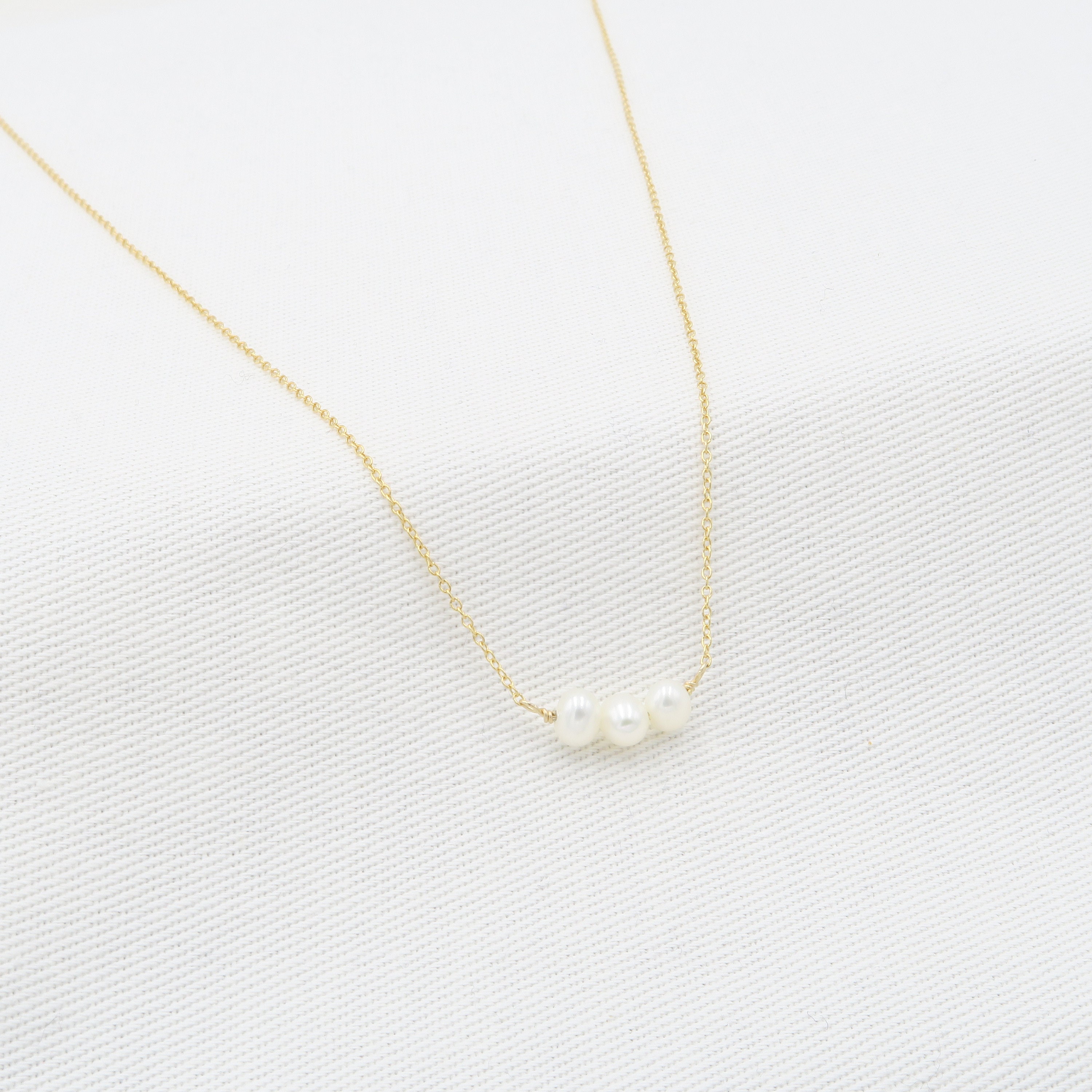 3 Pearls Necklace in Gold 14K Gold tiny Real Pearl Necklace Gold