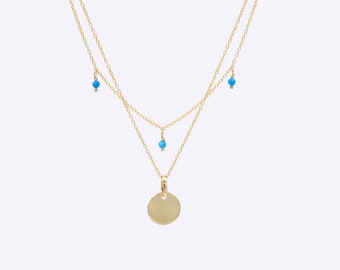 Turquoise Necklace Yellow Gold  14K• 3 turquoises layered and disc pendant• Layered necklace (separable set of 2) • gold disc pendant