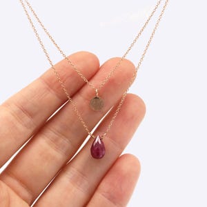 Layered Ruby Necklace Set: Rose Gold Hammered Disc, 14K Gold Filled Chains image 6
