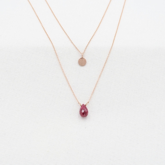 Layered Ruby Necklace Set: Rose Gold Hammered Disc, 14K Gold Filled Chains