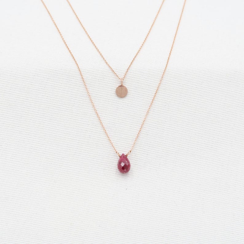Layered Ruby Necklace Set: Rose Gold Hammered Disc, 14K Gold Filled Chains image 1