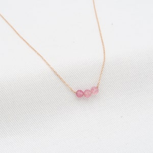 Strawberry Quartz Necklace with 3 Stones 4mm Necklace silver Yellow Gold 14K 4mm round gemstone Tiny Rose gold chain image 3