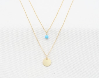 GOLD layered Turquoise and gold disc• Turquoise Necklace Yellow Gold  14K• Turquoise (4mm) and gold disc layered• (separable set of 2)