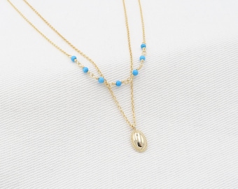 Layered Gold Rosary Necklace, Oval Turquoise Pendant, 14K Gold Filled (Handmade)