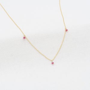 Ruby Charms Necklace: Delicate Yellow Gold Filled - Genuine Ruby Trio, Layered Jewelry, Adjustable Length