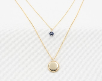 Gold Disc and sapphire Necklace Yellow Gold  14K• Sapphire (4mm) and gold disc layered• Layered necklace (separable set of 2)