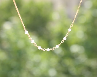 14K Gold Filled Rosary Necklace – Moonstone Beaded Chain, Delicate Layering Jewelry