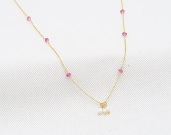 Ruby Necklace• Rosary necklace with 3 pearls charms • 3 mm Rubies and rice pearl• gold pendant Ruby Necklace