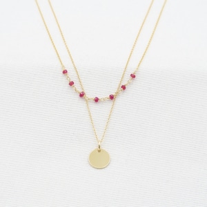 Gelaagde robijnschijfketting, 14 kt geelgoud gevuld, echte edelsteensieraden