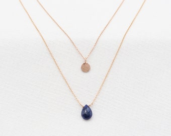 Genuine Sapphire Necklace• Rose Gold Disc Necklace• Pear Sapphire (7*4mm) Layered necklace (separable set of 2) gift • september birthstone