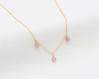 Rose Quartz Necklace Yellow Solid gold 14K • 4mm round gemstone • 3 Charms Precious Rose Quartz Rose Quartz Necklace• strawberry quartz