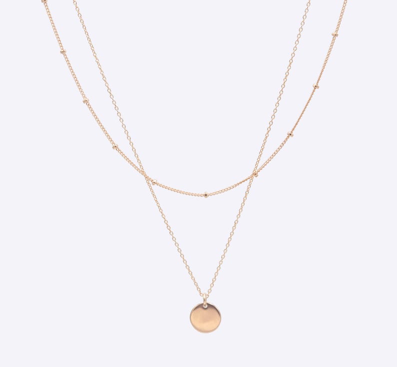 Collar con disco satélite en capas de oro rosa, chapado en oro de 14 quilates, hecho a mano en París imagen 2