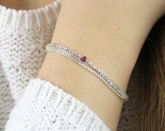 5 strands Ruby Bracelet in sterling silver 925 • beads and link chain• dainty silver braceley with 5 cm extender chain • 2mm silver beades