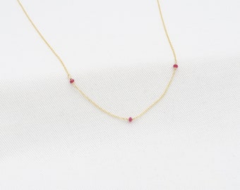 Ruby Necklace made with Yellow GOLD 14K • 3 Precious Gemstones • Dainty Ruby Necklace • Genuine Ruby• woman necklace• gold necklace