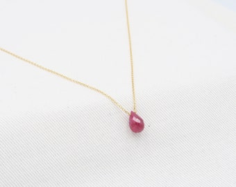 Genuine Ruby Necklace,GOLD 14K ruby briolette• ruby teardrop pendant• ruby choker• gold filled necklace• july birthstone• dainty ruby