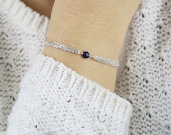 Silver bracelet Sapphire with 5 chains • September Birthstone• dainty link Bracelet• Round and plate 4 mm saphhire,sterling silver bracelet