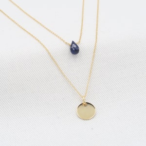 Sapphire Necklace layered with disc pendant Yellow Gold 14K Sapphire 75mm and gold disc layered Layered necklace separable set of 2 image 2