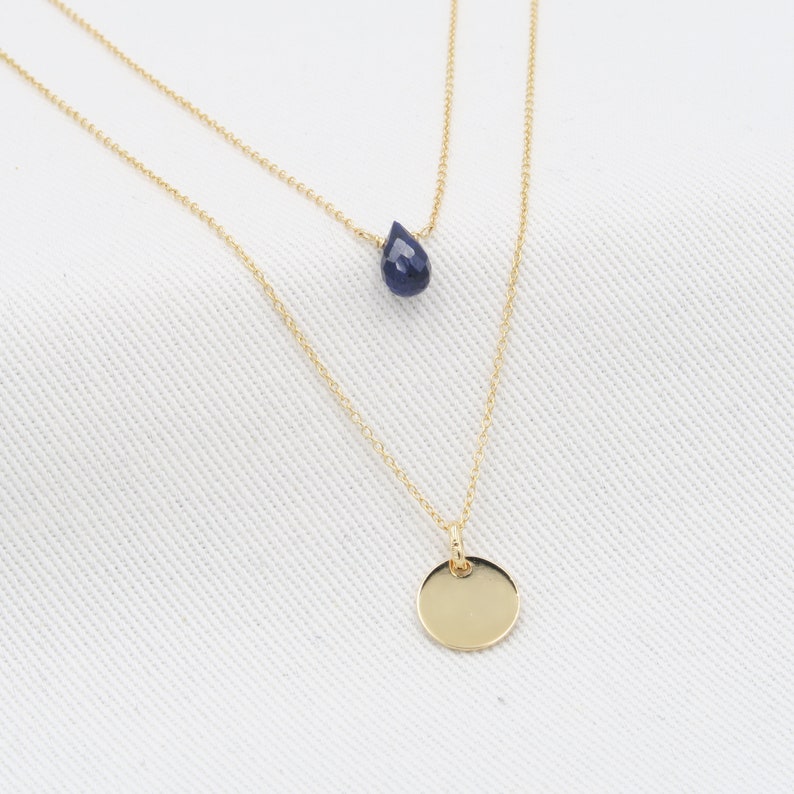 Sapphire Necklace layered with disc pendant Yellow Gold 14K Sapphire 75mm and gold disc layered Layered necklace separable set of 2 image 2