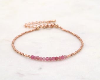 Rose Gold Tourmaline Bracelet – Pink Beaded 14K Gold Filled Adjustable Jewelry