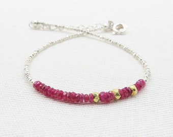 Ruby Bracelet Sterling Silver Beads with 3 gold beads Bracelet• Ruby Bracelet• All Natural Ruby July Birthstone Dainty ruby