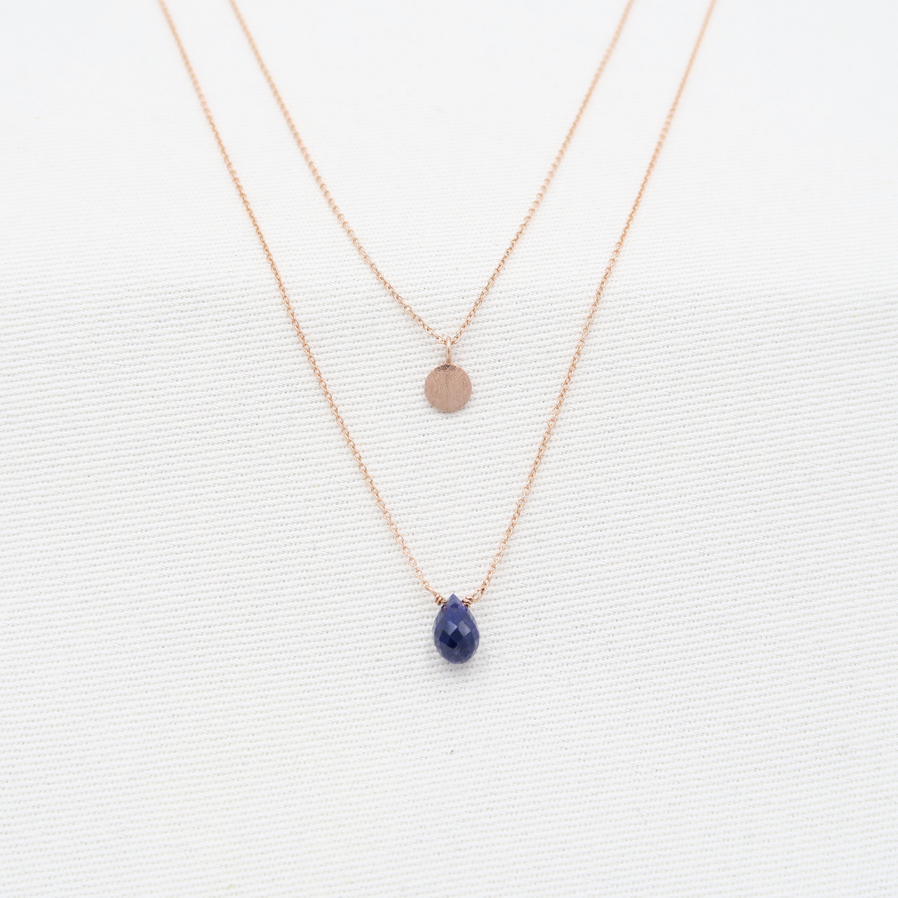 Genuine Sapphire Necklace• Rose Gold 14K Chain• Hammered