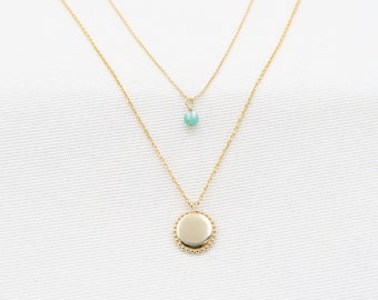 Emerald Necklace set Yellow Gold 14K• Emerald dainty (4mm) pendant• Layered necklace (separable set of 2)• Double gold necklace• gold disc