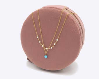 Turquoise Necklace in Yellow Gold  14K• round tourquoise pendant (4 mm) & pearl rosary double necklace Layered necklace (set of 2)