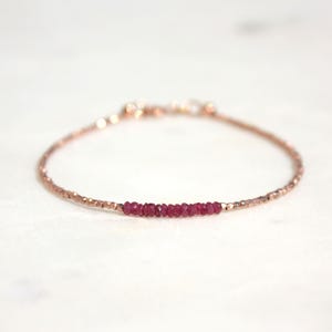 Delicate Ruby Bracelet, Genuine Red Gemstone, Rose Gold Filled, Adjustable (Handmade)