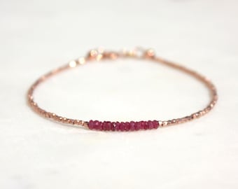 Delicate Ruby Bracelet, Genuine Red Gemstone, Rose Gold Filled, Adjustable (Handmade)