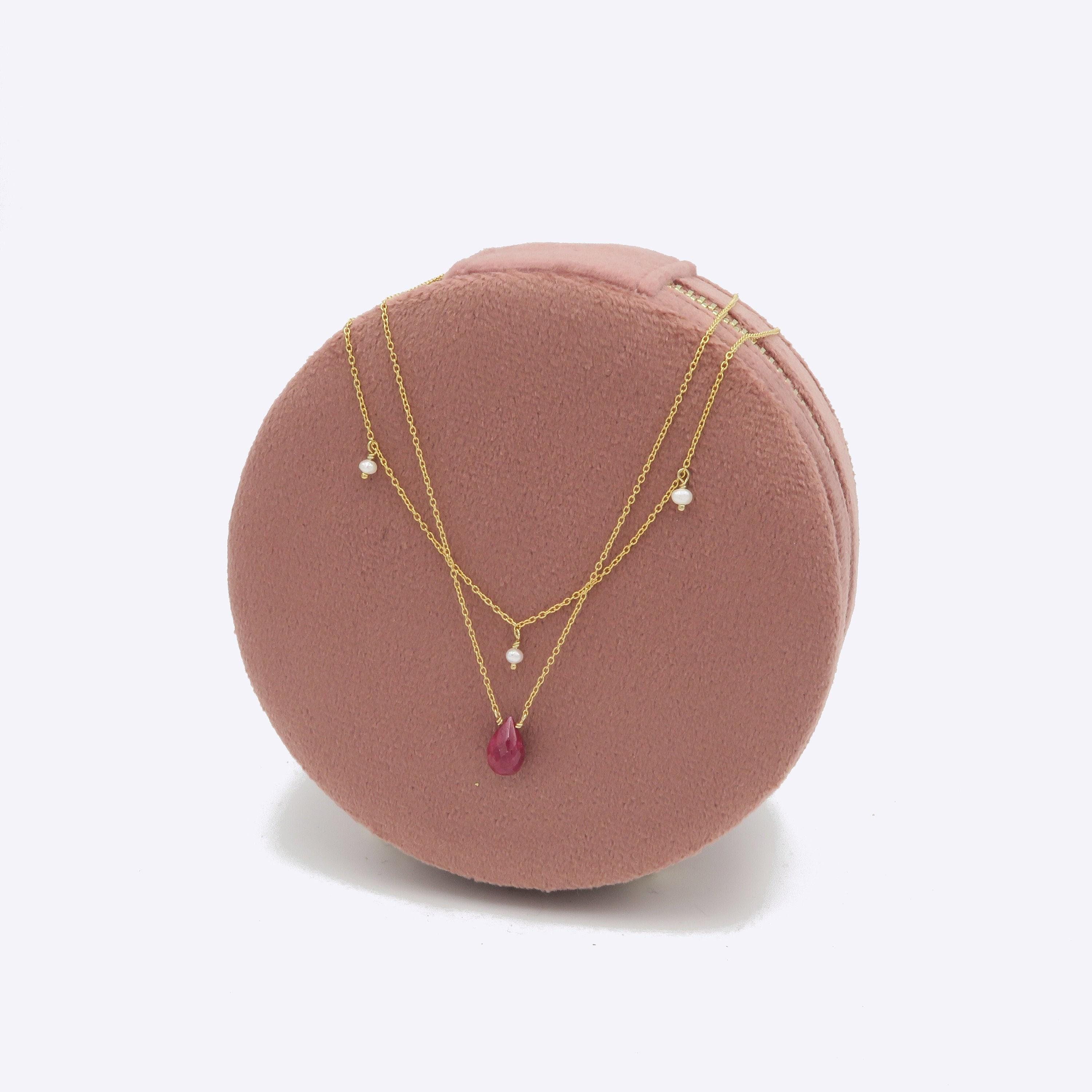 Layered Ruby Teardrop Necklace with Pearls: 14K Gold Filled Multi Strand Jewelry