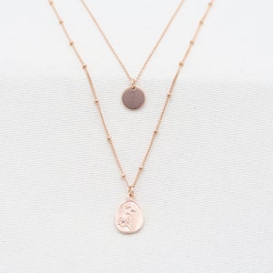 Double Floral Necklace and Dandelion wildflower pendant satellite chain flower disc pendant in Rose Gold 14K Birth Flower disc pendant image 4