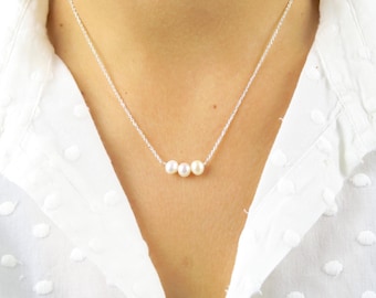 Naszyjnik z trzema perłami ze srebra próby 925 – delikatny, warstwowy naszyjnik, ręcznie robiony w Paryżu